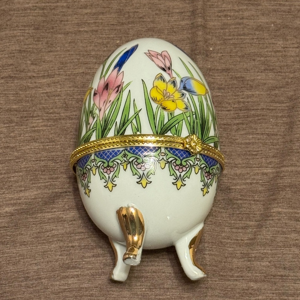 Porcelain Fabergé Style Egg Trinket Box Floral Jewelry Holder w/ Box